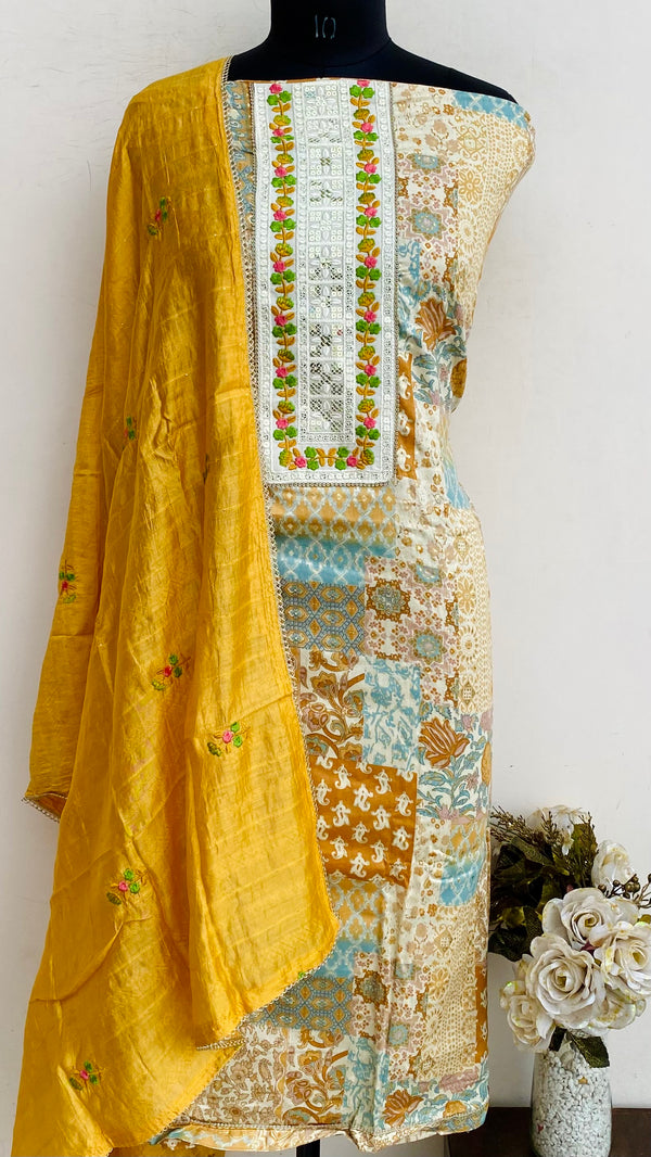 Designer Embroidered Suit Length 3 Piece Mustard Muslin Cotton With Sequence Work