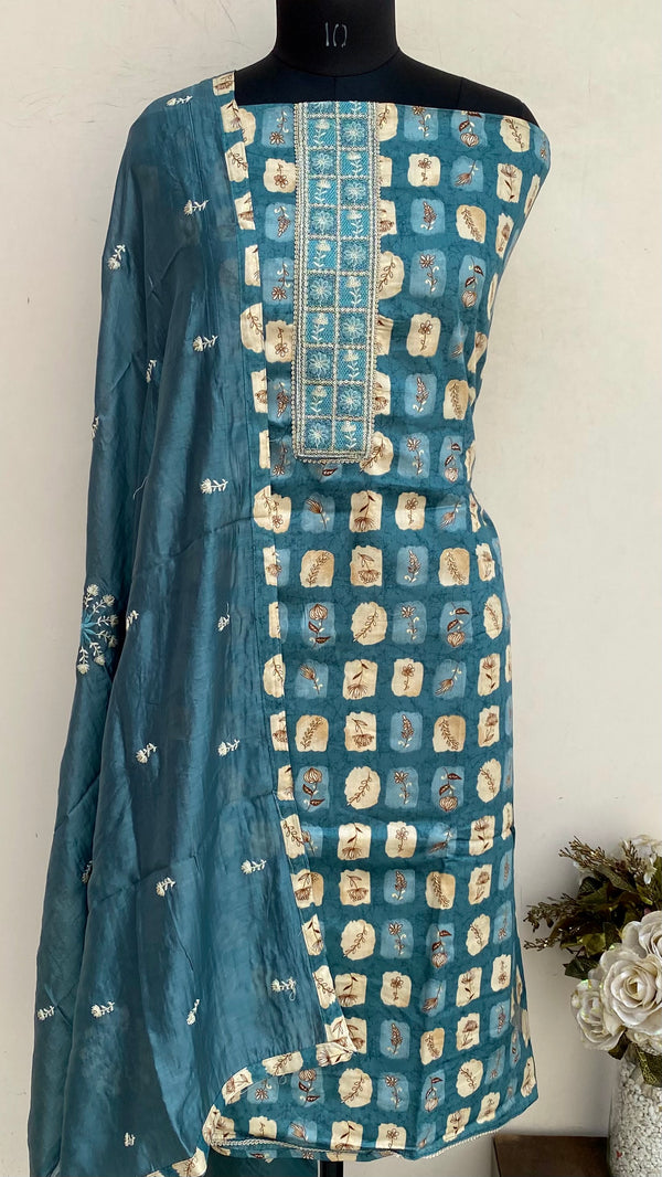 Designer Embroidered Suit Length 3 Piece Sea Green Muslin Cotton With Sequence Work