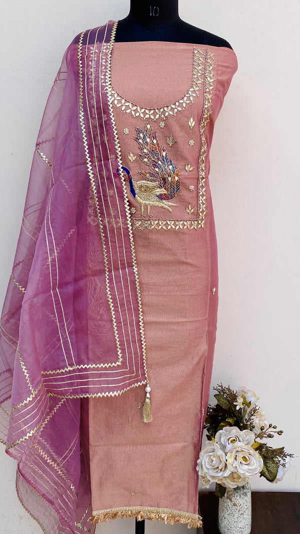Designer Embroidered Suit Length 3 Piece Pink With Pearl & Gotta Patti Work