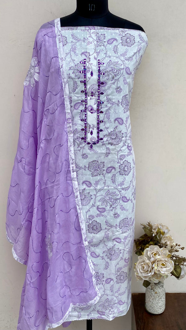 Designer Embroidered Suit Length 3 Piece White Mal Cotton With Mirror Work