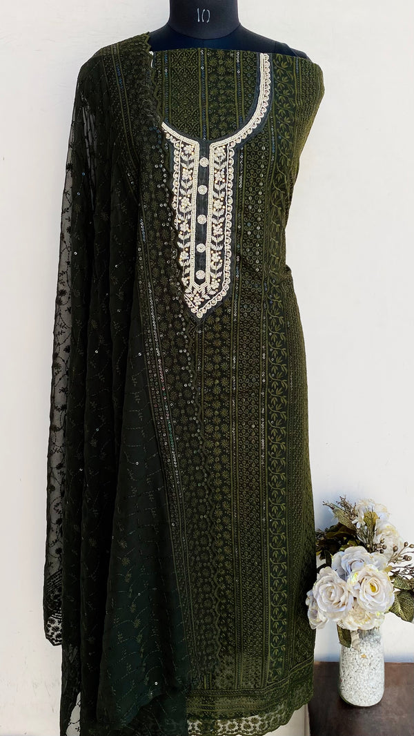 Chikankari Suit Length 3 Piece Bottle Green Georgette With Pearl & Cutdana Work