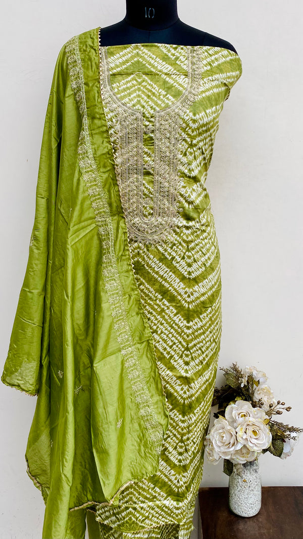 Designer Embroidered Suit Length 3 Piece Green Muslin Cotton With Sequence Work