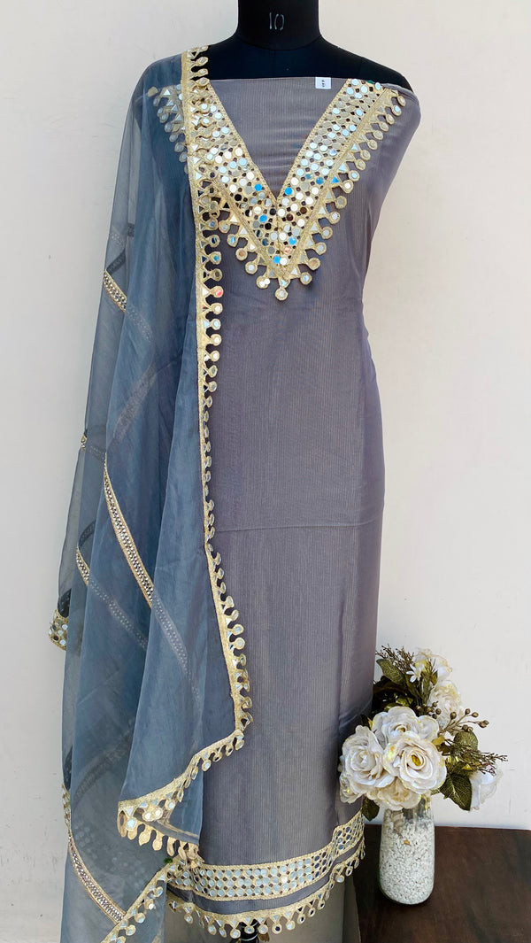 Designer Embroidered Suit Length 3 Piece Grey Tissue With Mirror Work