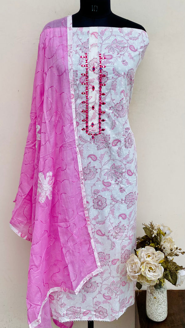 Designer Embroidered Suit Length 3 Piece White Mal Cotton With Mirror Work
