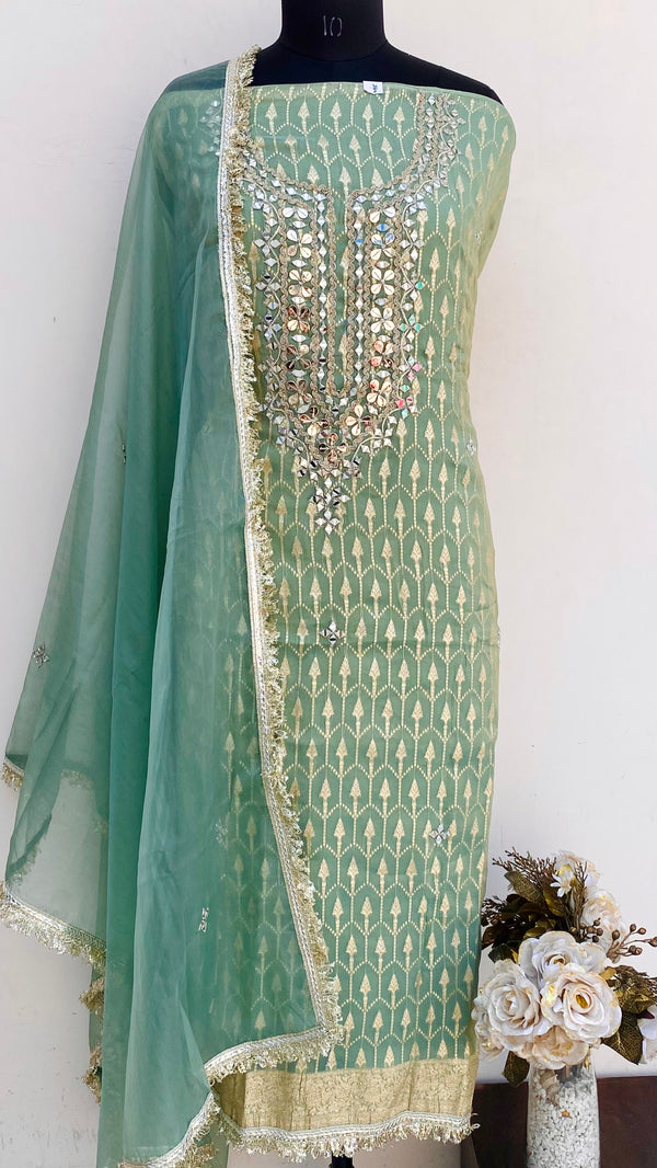 Designer Embroidered Suit Length 3 Piece Green Mal Chanderi With Mirror Work