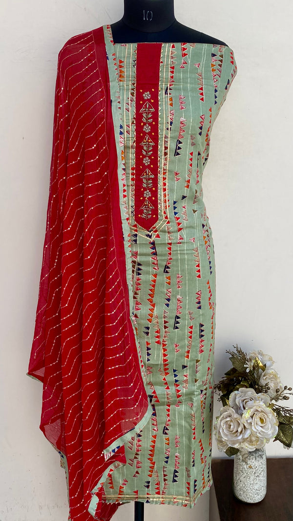Designer Embroidered Suit Length 3 Piece Green Muslin Cotton With Cutdana Work