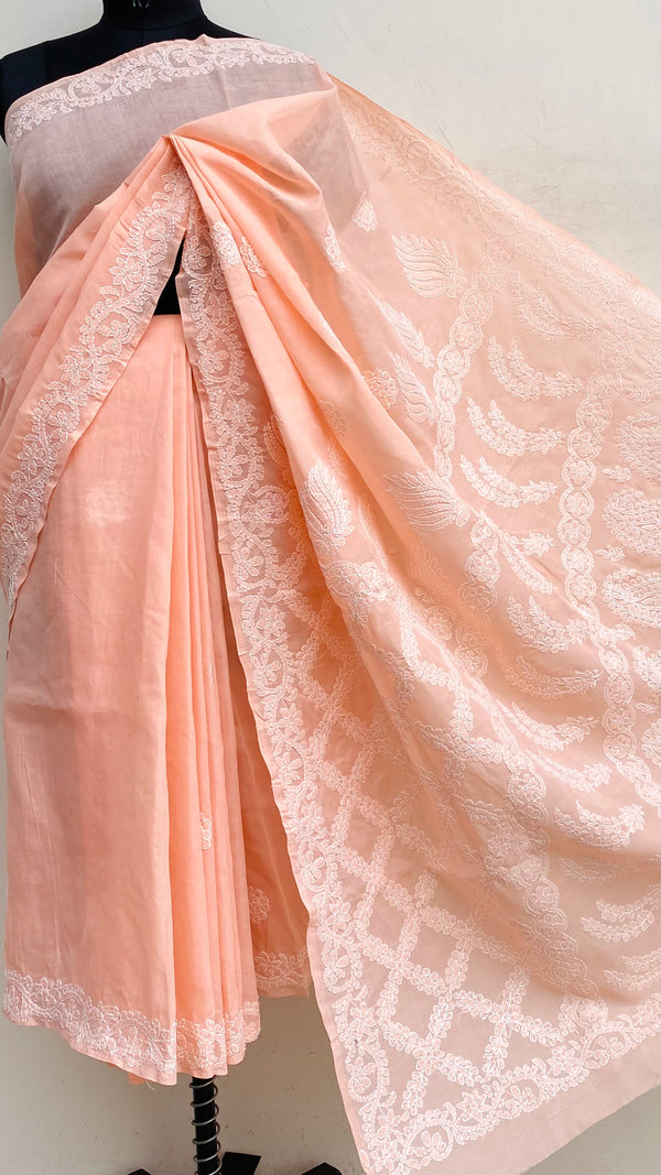 Lucknowi Chikankari Saree Peach Cotton
