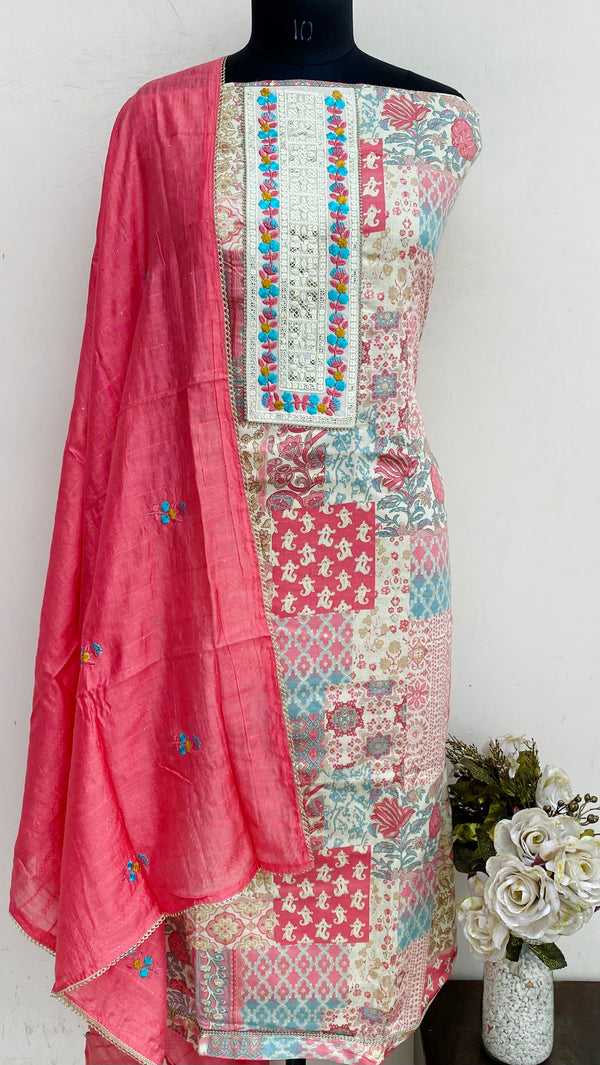 Designer Embroidered Suit Length 3 Piece Pink Muslin Cotton With Sequence Work