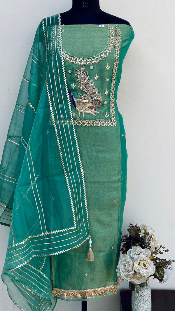Designer Embroidered Suit Length 3 Piece Green Tissue With Pearl & Gotta Patti Work