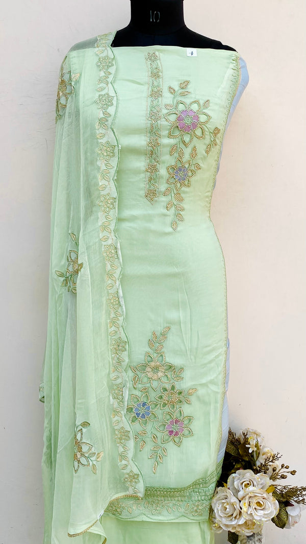 Designer Embroidered Suit Length 3 Piece Green Mal Chanderi With Stone Work