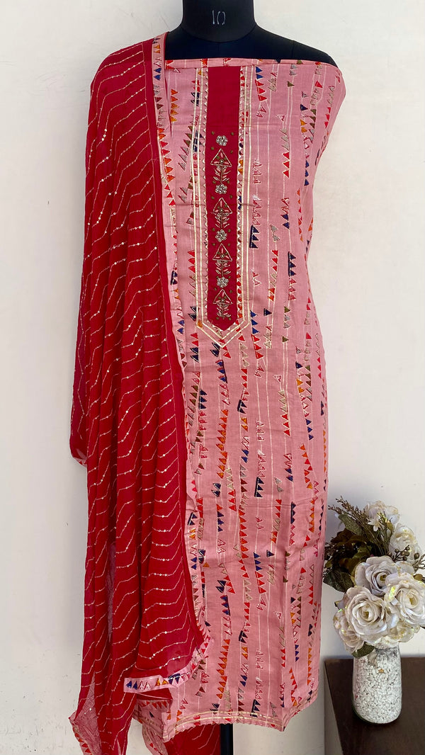 Designer Embroidered Suit Length 3 Piece Pink Muslin Cotton With Cutdana Work