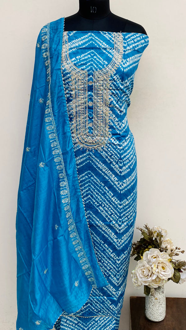 Designer Embroidered Suit Length 3 Piece Blue Muslin Cotton With Sequence Work