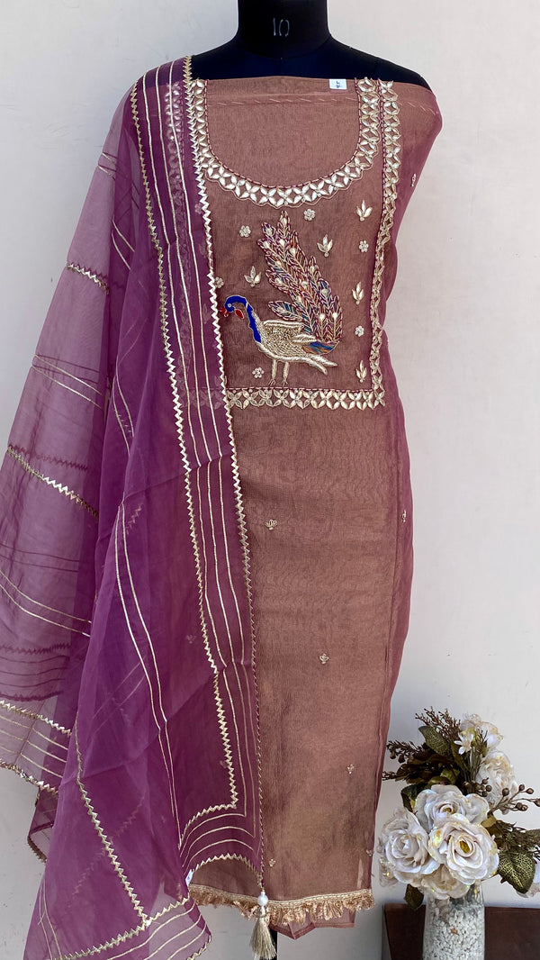 Designer Embroidered Suit Length 3 Piece Copper Tissue With Pearl & Gotta Patti Work