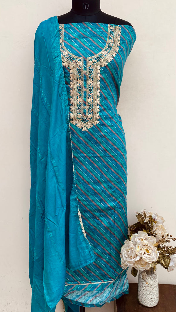 Designer Embroidered Suit Length 3 Piece Blue Muslin Cotton With Sequence Work
