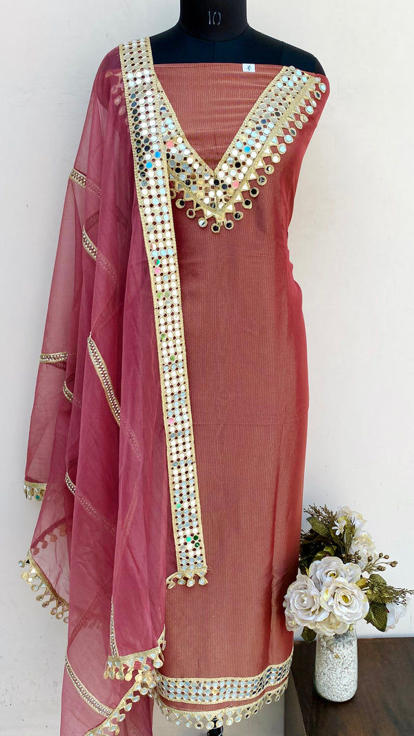 Designer Embroidered Suit Length 3 Piece Copper Tissue With Mirror Work