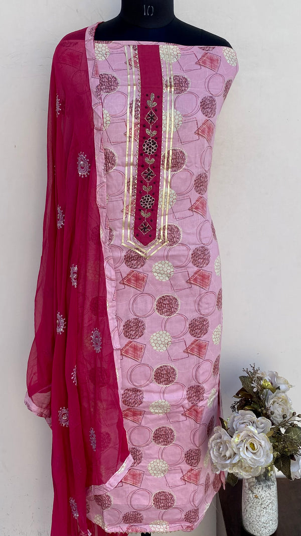 Designer Embroidered Suit Length 3 Piece Pink Muslin Cotton With Cutdana Work