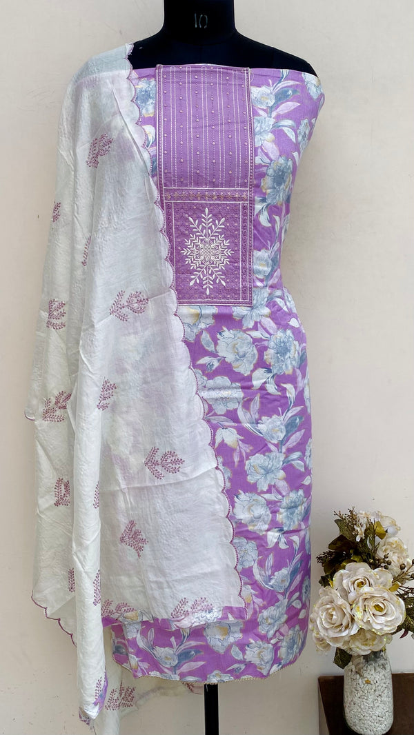 Designer Embroidered Suit Length 3 Piece Purple Mal Cotton With Sequence Work