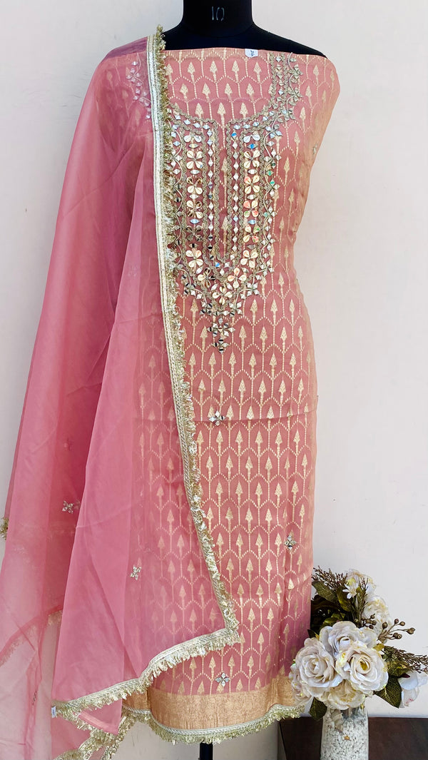 Designer Embroidered Suit Length 3 Piece Pink Mal Chanderi With Mirror Work
