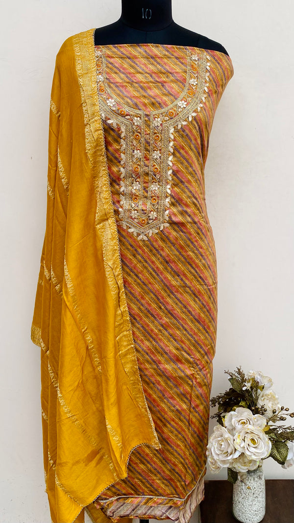 Designer Embroidered Suit Length 3 Piece Mustard Muslin Cotton With Sequence Work