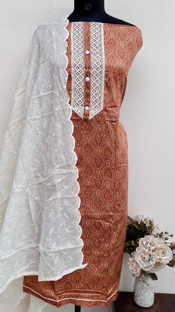 Designer Embroidered Suit Length 3 Piece Brown Muslin Cotton