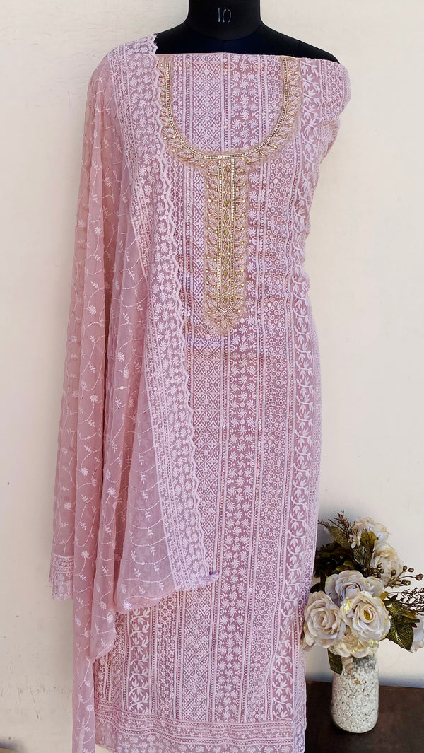 Chikankari Suit Length 3 Piece Pink Georgette With Pearl & Cutdana Work