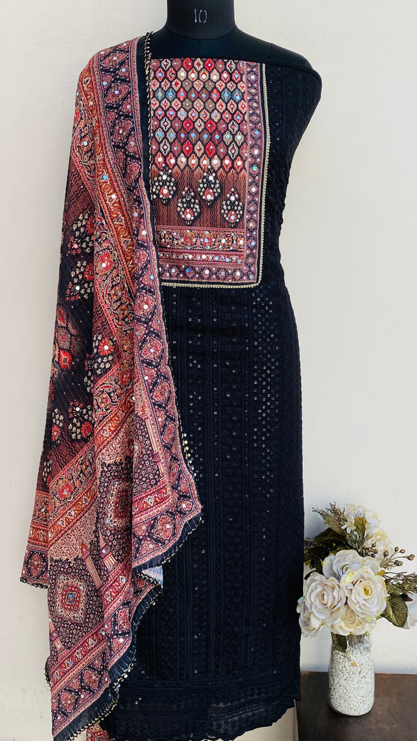 Chikankari Suit Length 3 Piece Black Georgette With Mirror Work