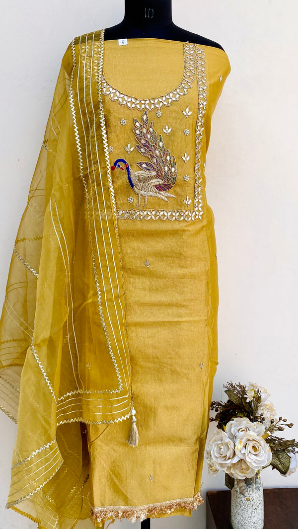 Designer Embroidered Suit Length 3 Piece Yellow Tissue With Pearl & Gotta Patti Work