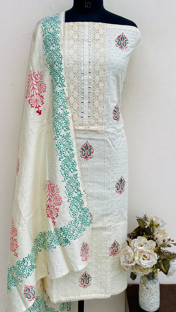 Designer Embroidered Suit Length 3 Piece Cream Mal Cotton With Mirror Work