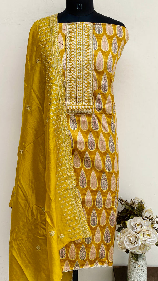 Designer Embroidered Suit Length 3 Piece Mustard Muslin Cotton With Sequence Work