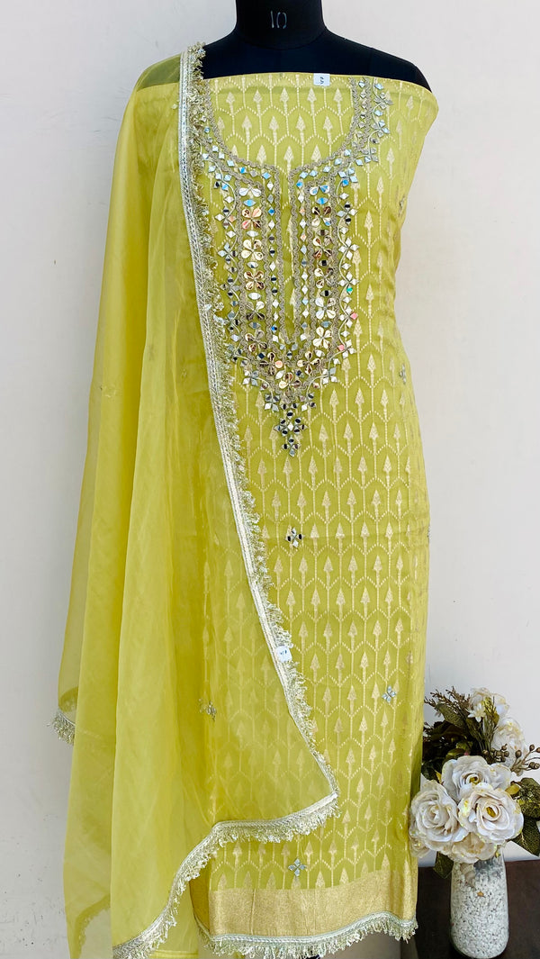 Designer Embroidered Suit Length 3 Piece Yellow Mal Chanderi With Mirror Work