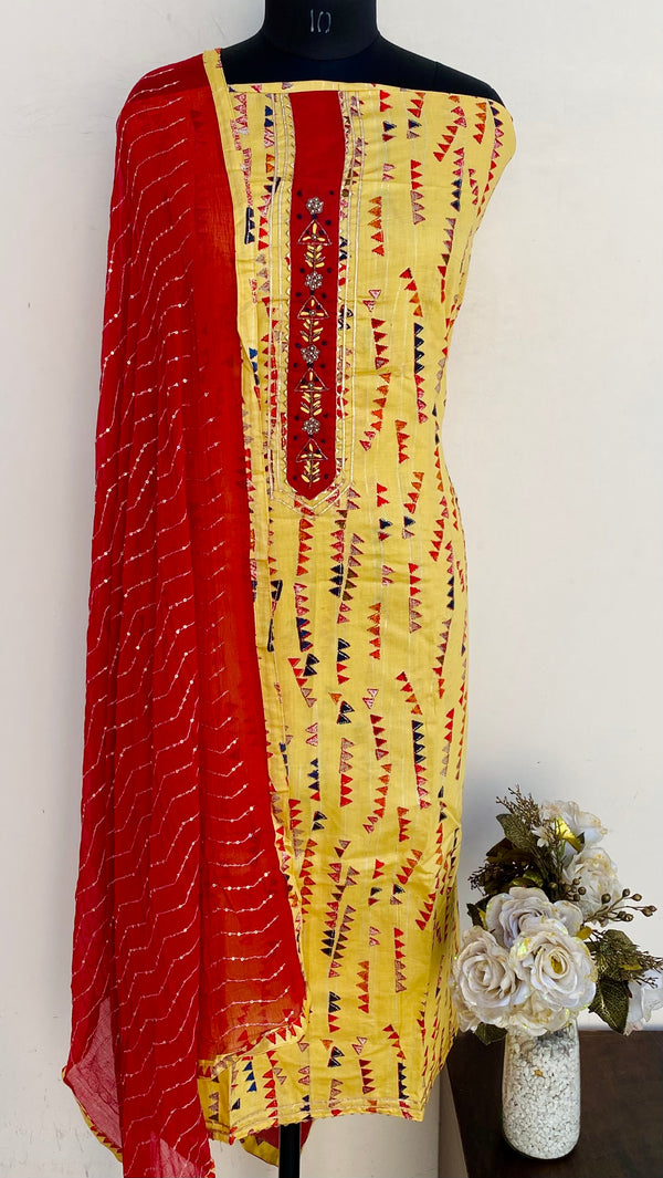 Designer Embroidered Suit Length 3 Piece Yellow Muslin Cotton With Cutdana Work