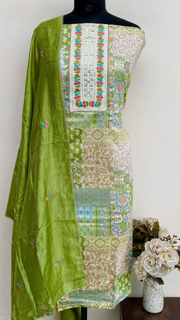 Designer Embroidered Suit Length 3 Piece Parrot Green Muslin Cotton With Sequence Work