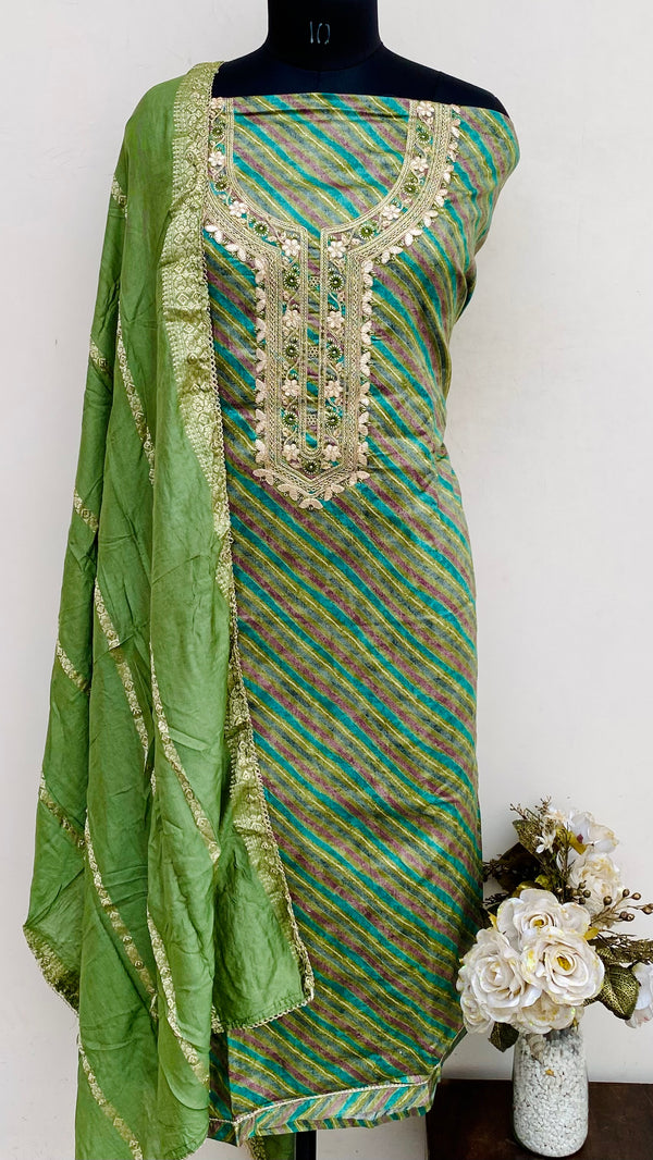 Designer Embroidered Suit Length 3 Piece Green Muslin Cotton With Sequence Work