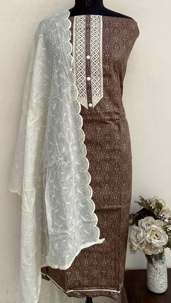 Designer Embroidered Suit Length 3 Piece Brown Muslin Cotton