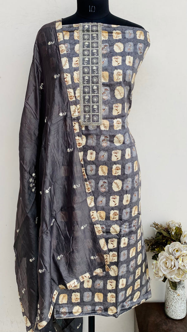 Designer Embroidered Suit Length 3 Piece Gray Muslin Cotton With Sequence Work