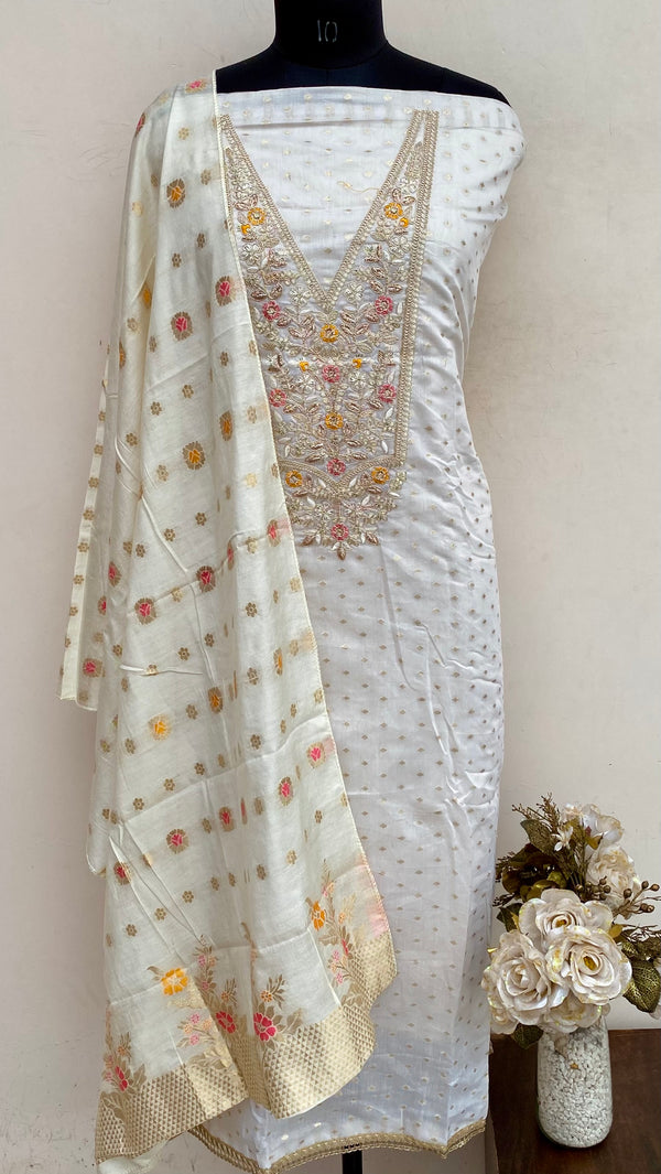 Designer Embroidered Suit Length 3 Piece Cream Mal Chanderi With Sequence Work