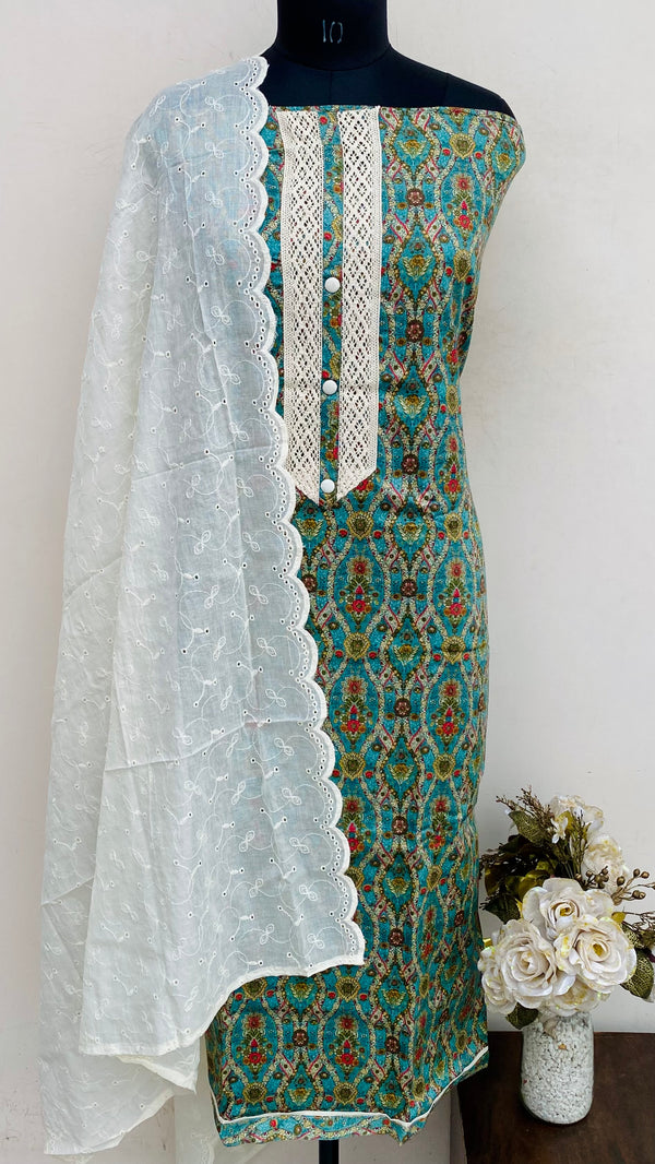 Designer Embroidered Suit Length 3 Piece Green Muslin Cotton