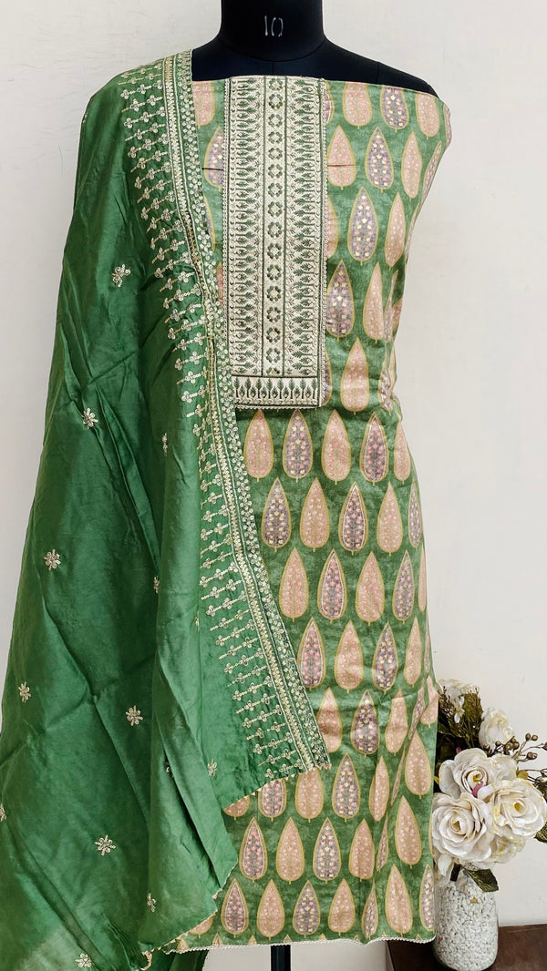 Designer Embroidered Suit Length 3 Piece Green Muslin Cotton With Sequence Work