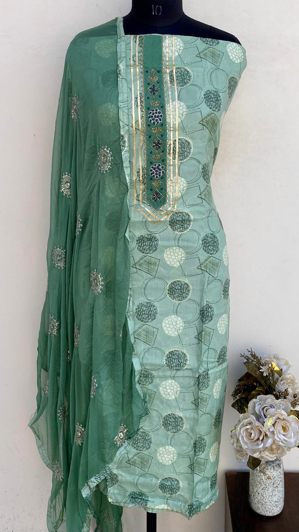 Designer Embroidered Suit Length 3 Piece Green Muslin Cotton With Cutdana Work