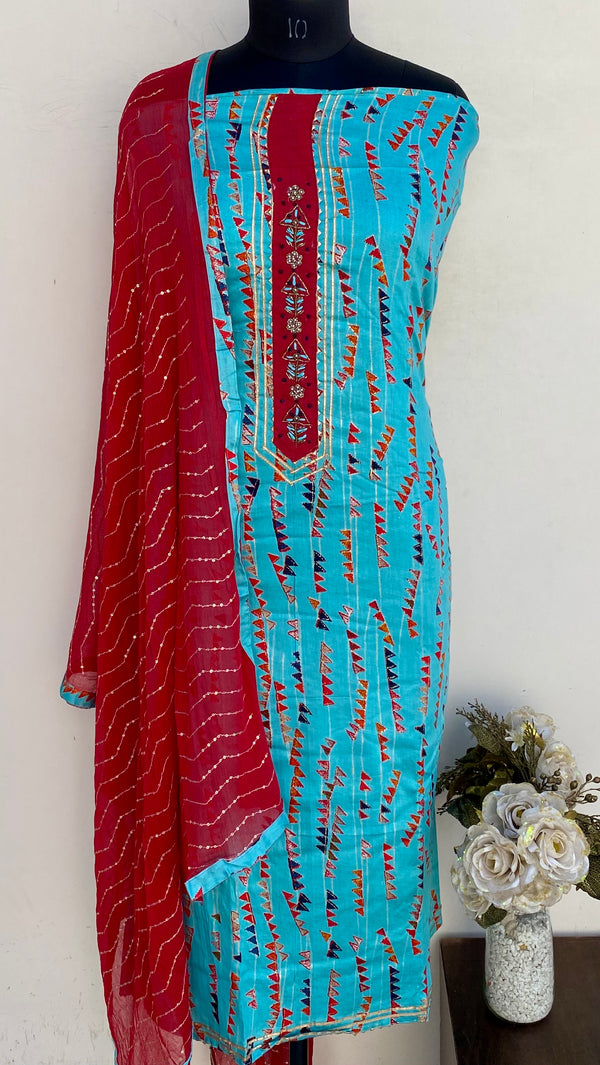 Designer Embroidered Suit Length 3 Piece Blue Muslin Cotton With Cutdana Work