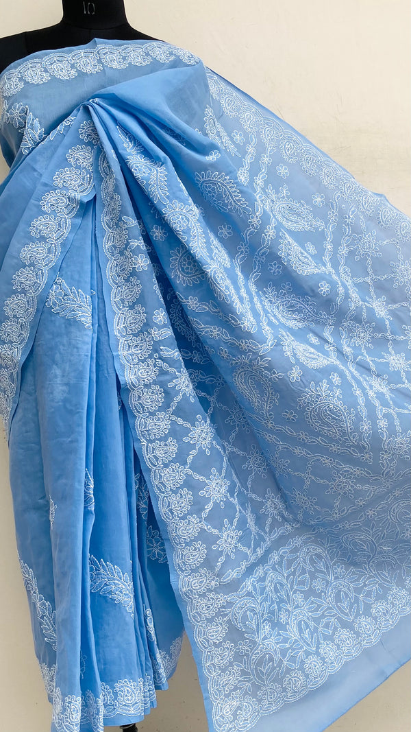 Lucknowi Chikankari Saree Blue Cotton