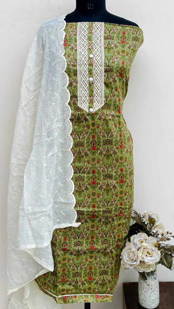 Designer Embroidered Suit Length 3 Piece Green Muslin Cotton