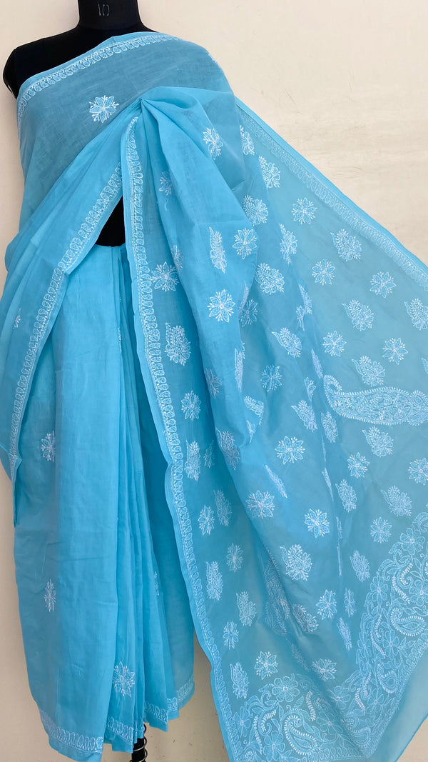 Lucknowi Chikankari Saree Blue Cotton
