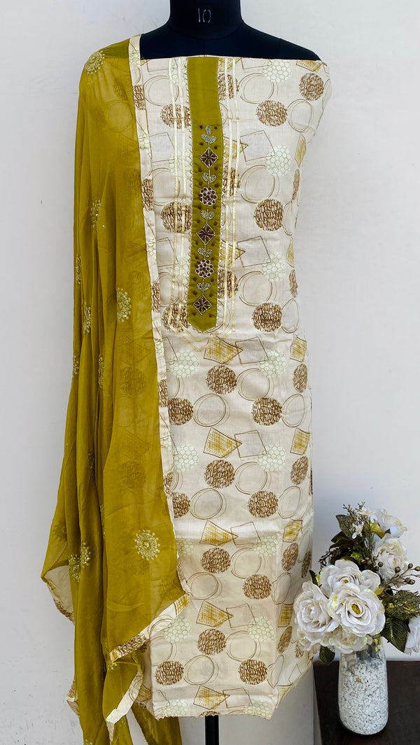 Designer Embroidered Suit Length 3 Piece Cream Muslin Cotton With Cutdana Work