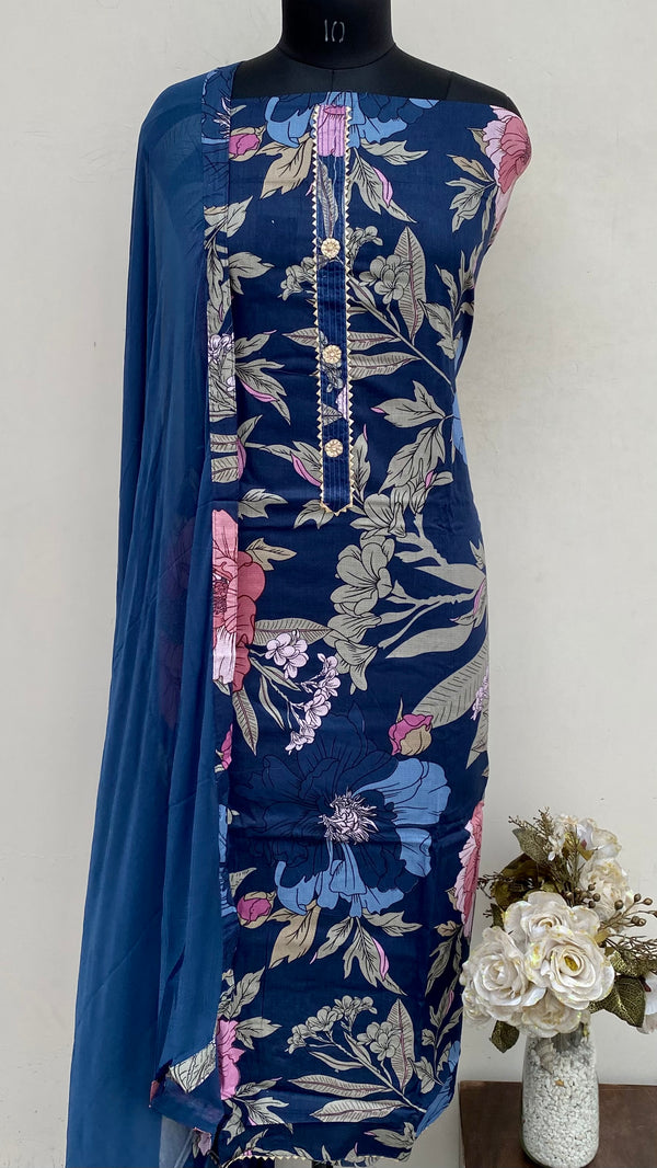 Designer Embroidered Suit Length 3 Piece Blue Mal Cotton