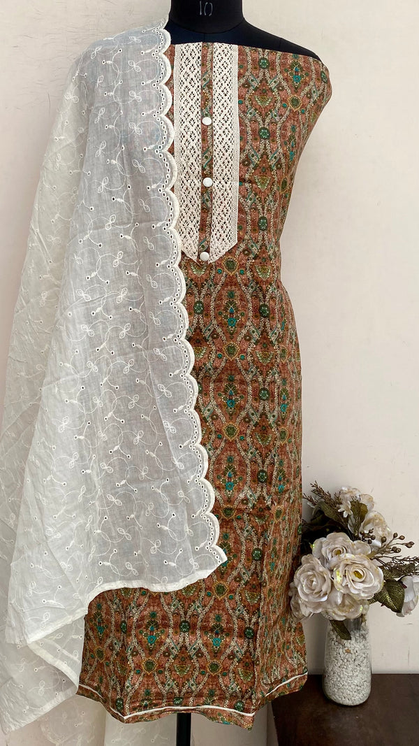 Designer Embroidered Suit Length 3 Piece Copper Muslin Cotton