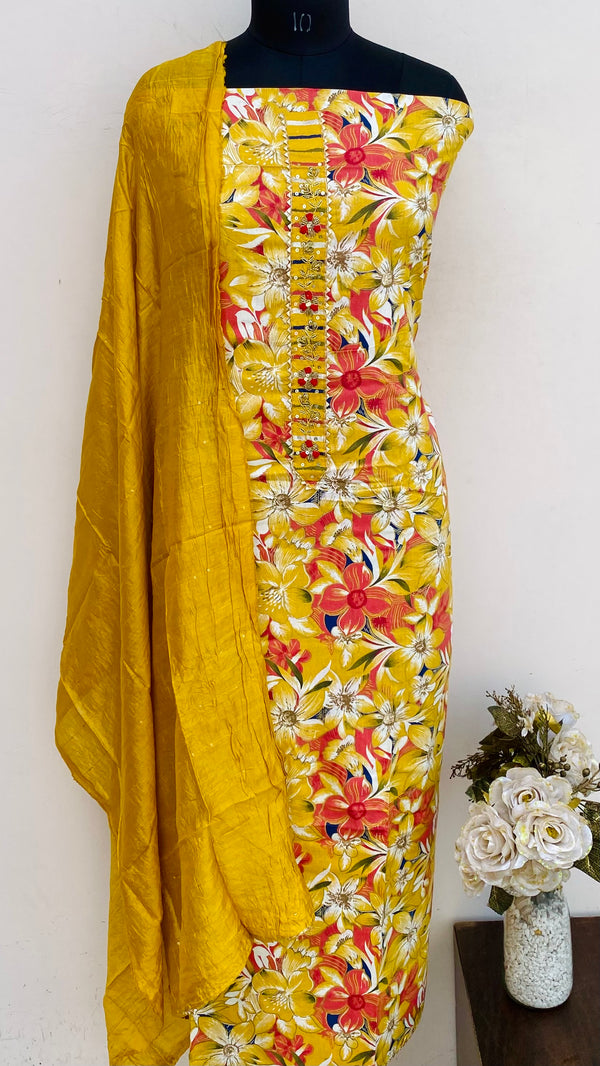 Designer Embroidered Suit Length 3 Piece Mustard Mal Cotton With Cutdana & Sequence Work