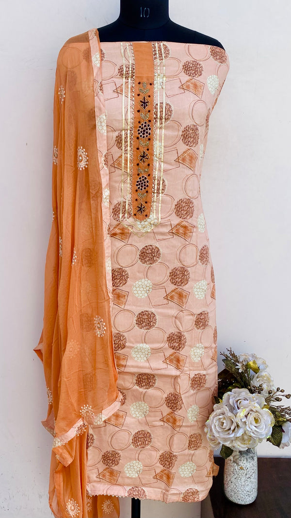 Designer Embroidered Suit Length 3 Piece Peach Muslin Cotton With Cutdana Work
