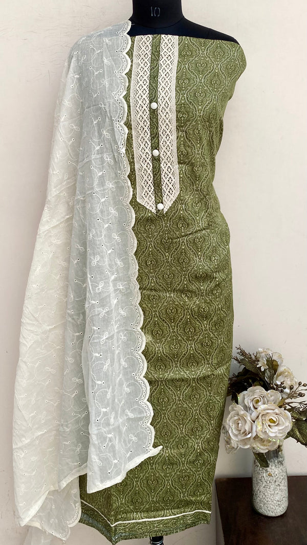 Designer Embroidered Suit Length 3 Piece Green Muslin Cotton