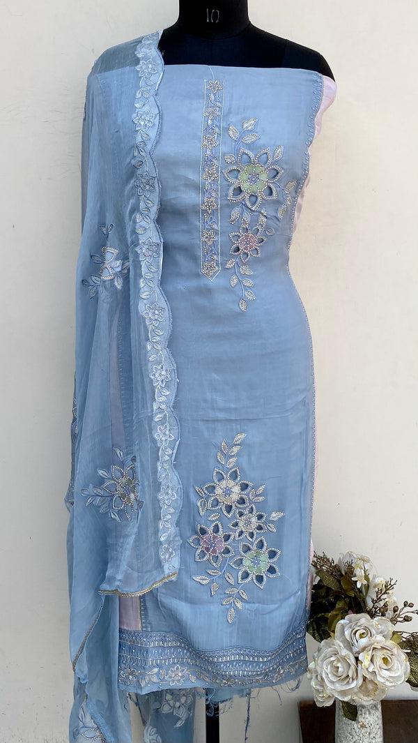 Designer Embroidered Suit Length 3 Piece Gray Mal Chanderi With Stone Work